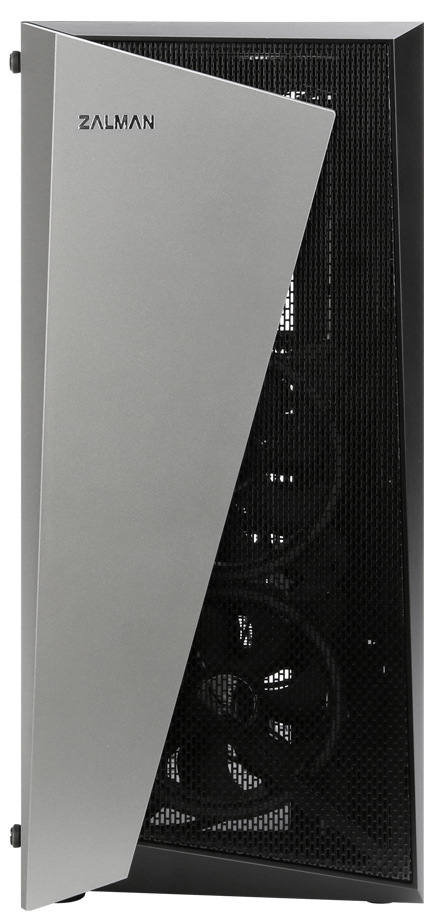 Na obrázku je přední strana PC skříně Zalman S4 Plus, černá/šedá. Vlevo je šedý šikmo tvarovaný kryt s logem ZALMAN nahoře. Vpravo zabírá většinu plochy černá síťovaná mřížka, přes kterou je slabě vidět ventilátor uvnitř. Celek působí jako kombinace hladkého šedého panelu a vzdušné mřížky pro lepší chlazení.