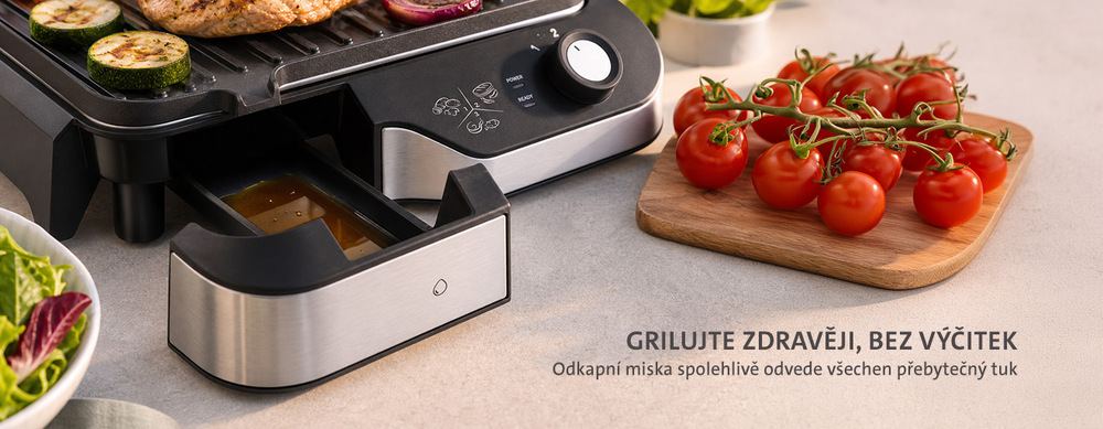 Gril ETA DeliChef 6156 90000 černý Detail vysunuté odkapávací misky na přebytečný tuk u kontaktního grilu ETA DeliChef pro zdravější grilování