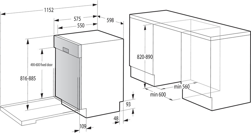 Nákres s rozměry vestavné myčky Gorenje GI673B90X pro zabudování.