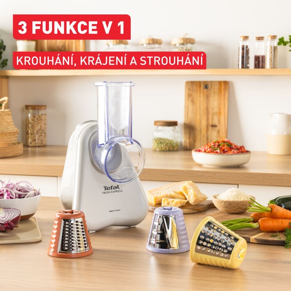 Kuchyňský strouhač Tefal DN853BE0 Fresh Express na kuchyňské lince s potravinami a 3 nástavci