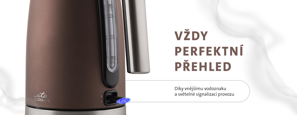 Rychlovarná konvice ETA Erika 2590 90010 hnědá Detailní pohled na vnější vodoznak a modře podsvícený spínač rychlovarné konvice ETA Erika v hnědé barvě. Text: Vždy perfektní přehled. Díky vnějšímu vodoznaku a světelné signalizaci provozu.