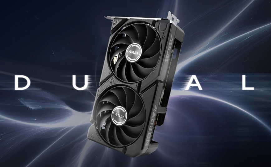 Grafická karta Asus Dual AMD Radeon RX 9060 XT 8GB černá Asus Dual Radeon RX 9060 XT zvýrazněná na herním pozadí, připravená na plynulé hraní