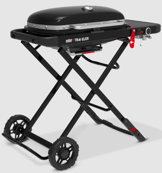 Detail skládací konstrukce a boční odkládací plochy grilu Weber Traveler