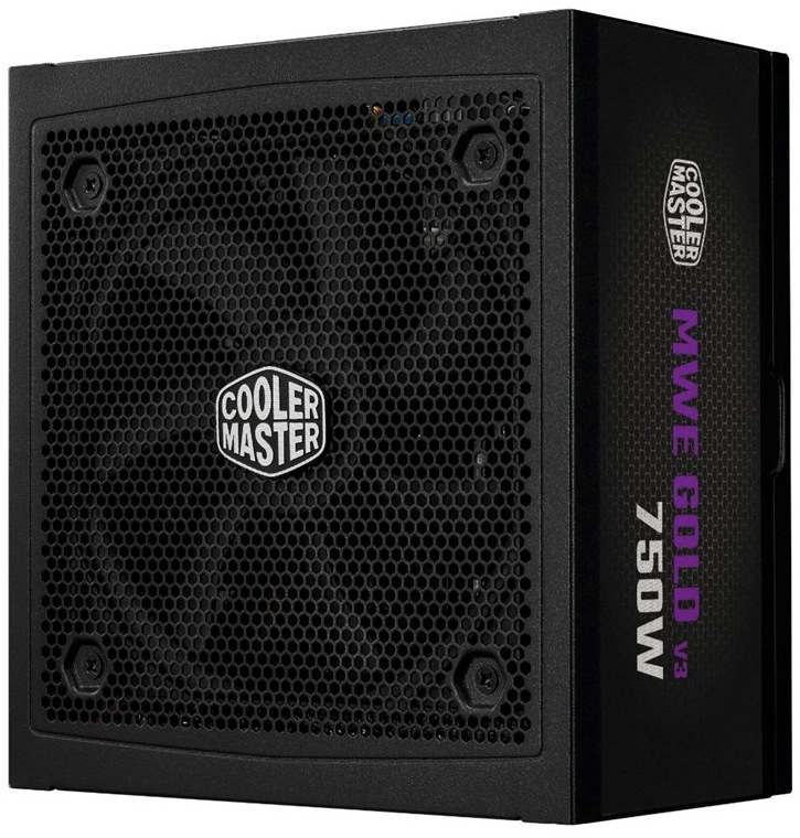 Na obrázku je černý napájecí zdroj Cooler Master. Na přední straně má velký chladicí ventilátor krytý kovovou mřížkou a z boku nápis MWE Gold 550 V3. Zdroj působí jednoduše, robustně a je určený pro běžné až výkonnější počítačové sestavy.