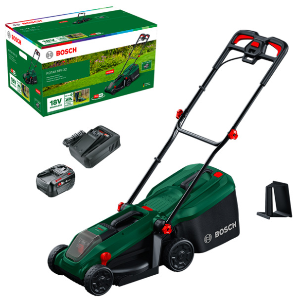 Sekačka Bosch ROTAK 18V-32 s baterií akumulátorová rotační sekačka s nabíječkou a příslušenstvím
