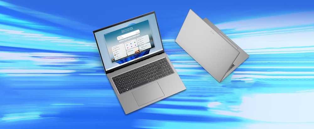 Notebook Acer Aspire Go 16 (AG16-71P-55K1) stříbrný Otevřený a částečně zavřený notebook Aspire Go 16 v elegantním designu