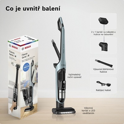 Tyčový vysavač Bosch Serie | 4 BCH4SM28 Flexxo 28 Vmax modrý Tyčový vysavač Bosch BCH4SM28 včetně příslušenství