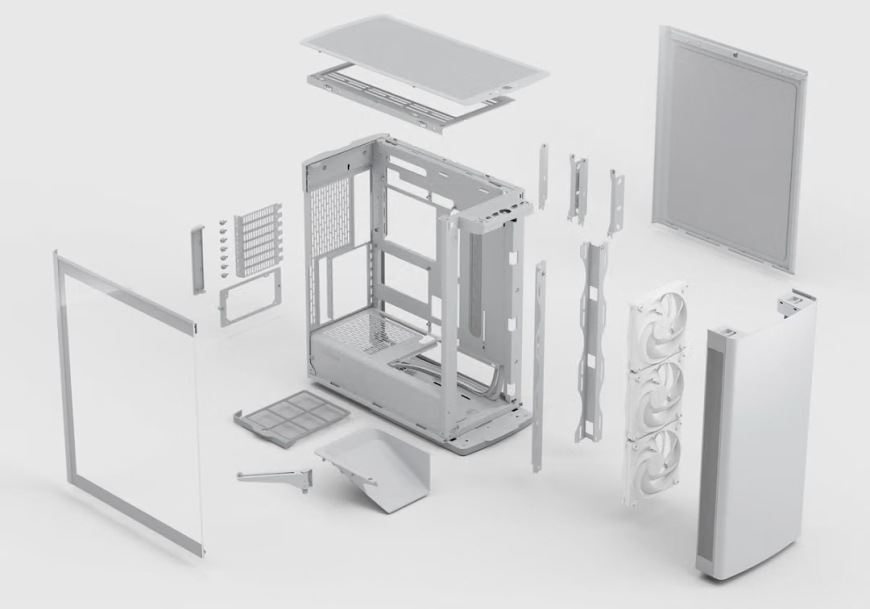 Rozložená konstrukce skříně FRACTAL DESIGN Define One Light TG Clear Tint s tvrzeným sklem, panely, ventilátory a držáky