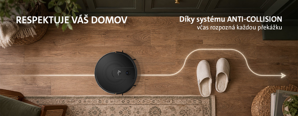 Robotický vysavač ETA Swing Pro 6123 90000 černý Pohled shora na robotický vysavač ETA Swing Pro objíždějící domáci obuv na podlaze. Text na obrázku: RESPEKTUJE VÁŠ DOMOV – Díky systému ANTI-COLLISION včas rozpozná každou překážku