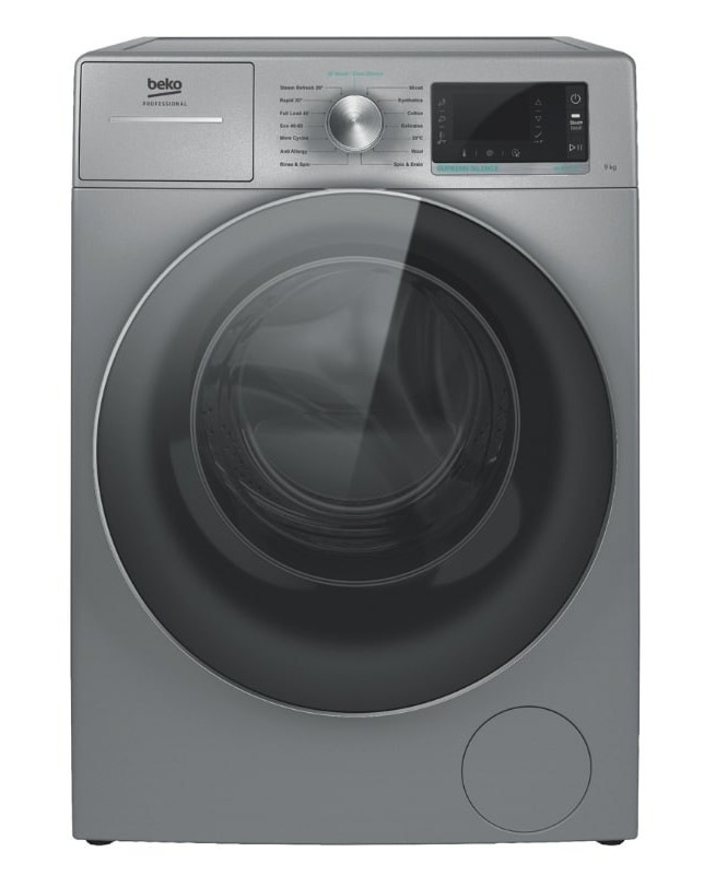 Profesionální pračka Beko AWB 912S/PRO BP, stříbrná barva.