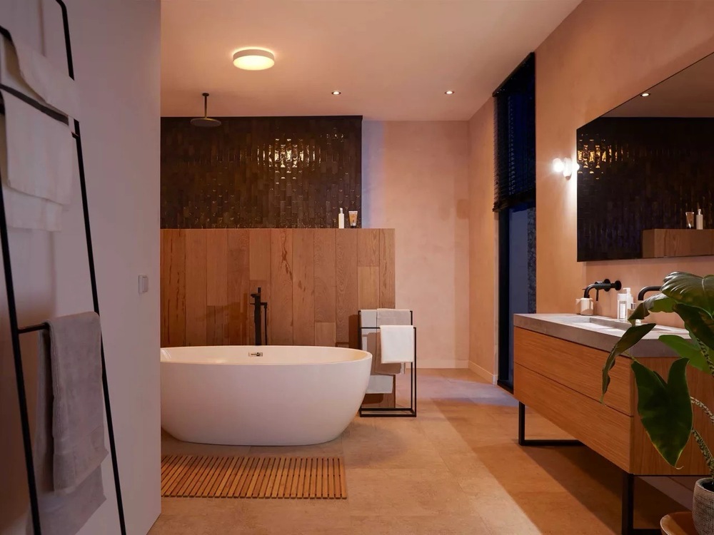 Moderní koupelnové stropní svítidlo Philips Hue Devere M s teplým bílým světlem nad vanou