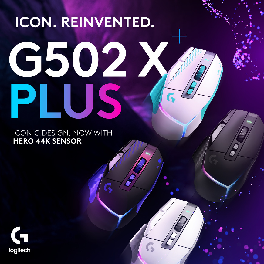 Myš Logitech G502 X Plus fialová Propagační vizuál myši Logitech G502 X Plus s několika variantami provedení a textem o senzoru HERO 44K