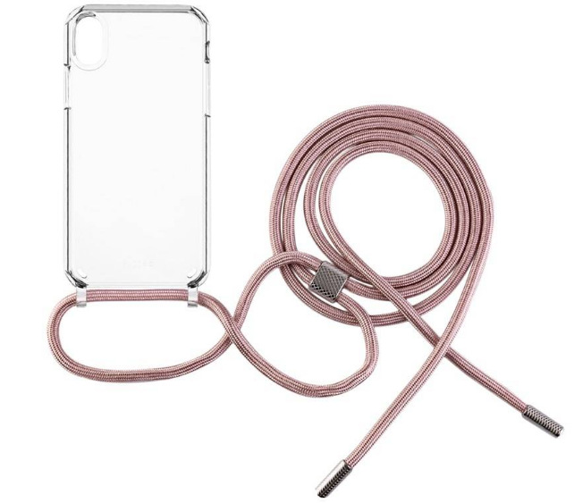 Kryt na mobil FIXED Pure Neck s růžovou šňůrkou na krk na Apple iPhone XR průhledný FXDFIXPUN334PI
