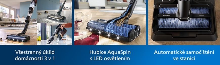 Víceúčelový vysavač Philips 9000 Series AquaTrio XW9465/11 černý Víceúčelový vysavač Philips XW9465/11 umožňuje vysávání, vytírání i mokré čištění v jednom kroku, nabízí hubici AquaSpin s LED osvětlením a automatické samočištění ve stanici pro snadnou údržbu.