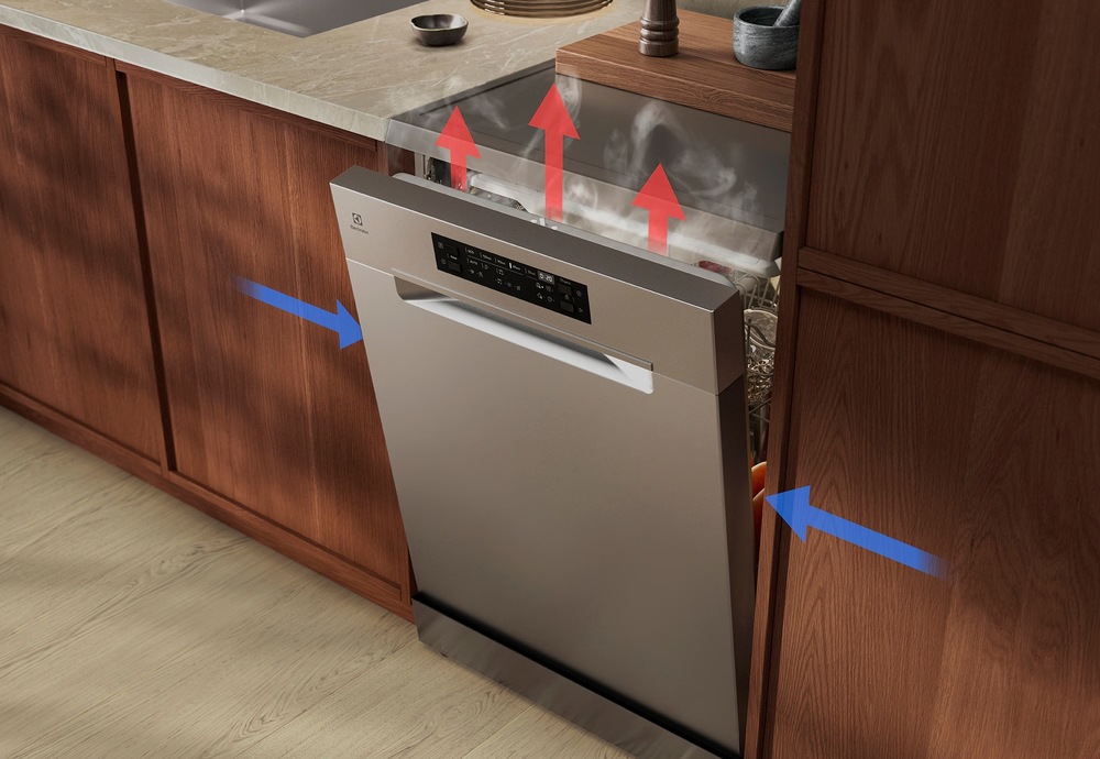 Myčka nádobí Electrolux Série 600 E62SC100SX nerez Pootevřená myčka Electrolux. Šipky znázorňujíc stoupající páru a funkci sušení AirDry.