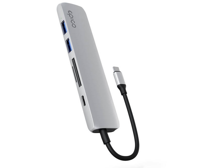 USB Hub Epico 6in1 Aluminium 8K USB-C/1× USB-C, 2× USB 3.0, HDMI, microSD, SD - stříbrný