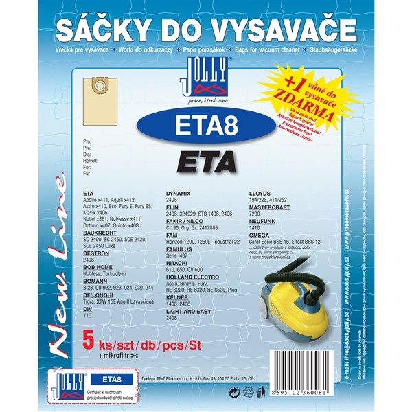 Sáčky Jolly do vysavače ETA v počtu 5 + 1 ks, snadná instalace