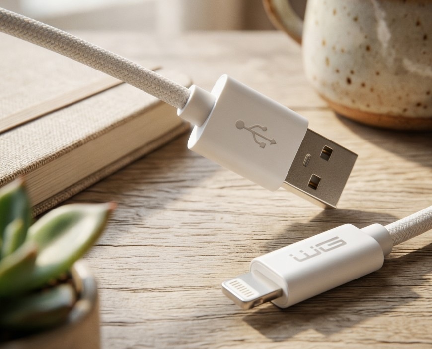 Kabel WG Lightning / USB-A, 20 cm, oplétaný bílý Datový a nabíjecí kabel WG s konektory Lightning a USB-A o délce 20 cm