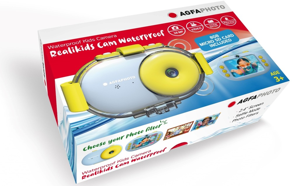 Digitální fotoaparát AgfaPhoto Realikids Water Proof modrý Balení voděodolného fotoaparátu AgfaPhoto Realikids Cam Waterproof s SD kartou v příslušenství.