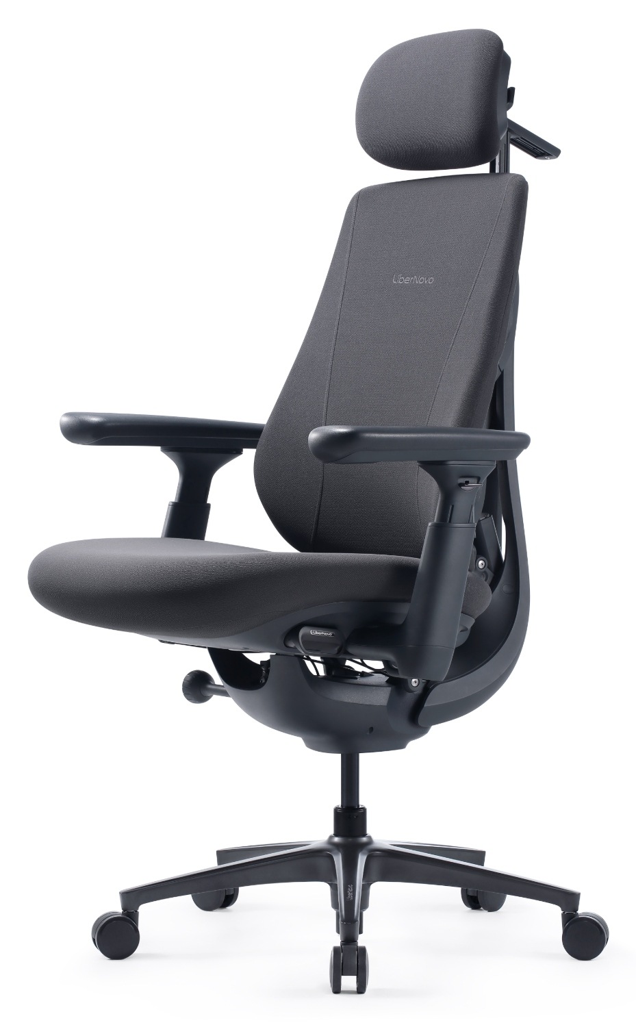 Ergonomická židle LiberNovo Maxis Electric Graphite 52 cm z předního bočního pohledu s opěrkou hlavy a područkami