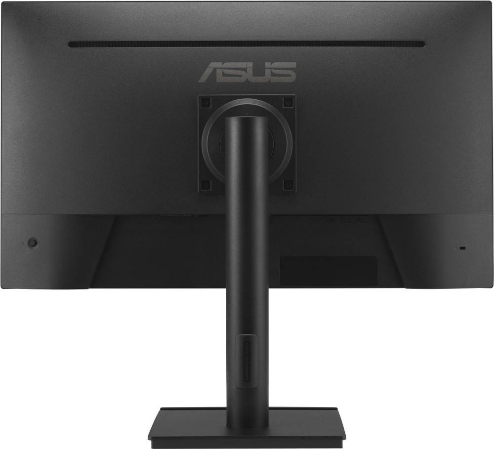 Na obrázku je zadní strana monitoru Asus BE27AQ 27" v tmavě šedém provedení. Uprostřed je uchycení ke stojanu s kruhovým kloubem pro nastavení polohy obrazovky. Stojan tvoří svislý válcový sloupek s otvorem pro vedení kabelů a široká hranatá základna. V horní části zadního krytu je dlouhá větrací štěrbina, pod ní decentní logo Asus. Ve spodní části jsou částečně vidět konektory a ovládací prvky monitoru.
