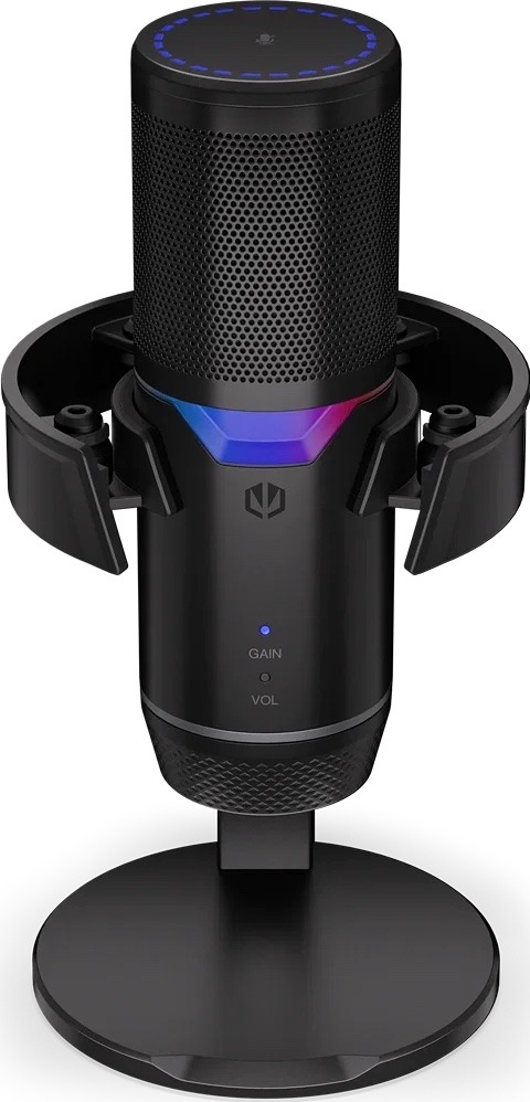 Mikrofon ENDORFY Solum 2 Pro černý Čelní pohled na mikrofon ENDORFY Solum 2 Pro s RGB podsvícením, indikátory GAIN a VOL a stolní základnou.