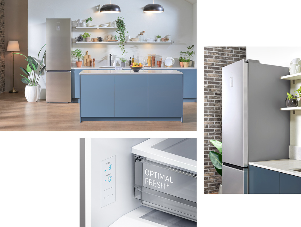Koláž obrázků - lednice v kuchyni, detail zásuvky Optimal Fresh+, detail dveří lednice