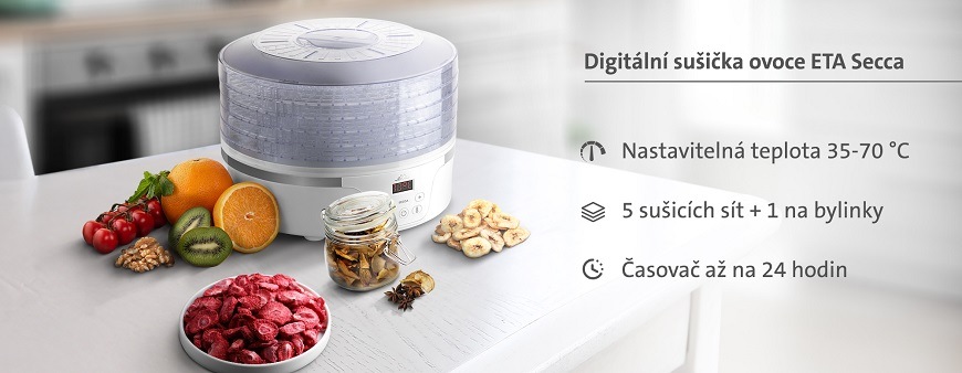 Sušička ovoce ETA Secca 7301 90000 bílá Banner s digitální sušičkou ovoce ETA Secca, která ukazuje klíčové parametry: Nastavitelná teplota 35-70 °C, 5 sušicích sít + 1 na bylinky a Časovač až na 24 hodin