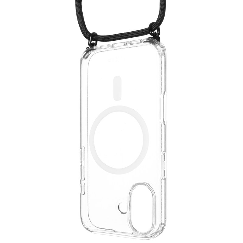 Kryt na mobil FIXED MagPure Neck s černou šňůrkou na krk na Apple iPhone 17 - průhledný
