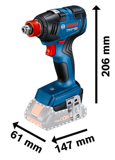 Utahovák rázový Bosch Professional GDX 18V-200 (bez baterie) Rázový utahovák Bosch Professional GDX 18V-200 s vyznačenými rozměry 206 × 147 × 61 mm