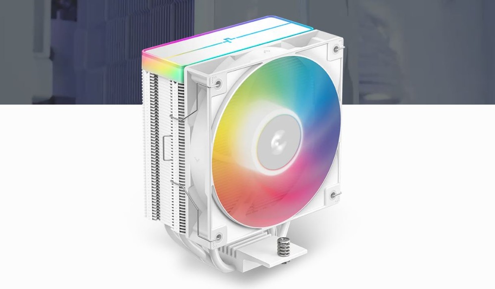 Chladič CPU DeepCool AG400 ARGB V2 White bílý Bílý počítačový chladič s duhovým LED světelným displejem s barevnými světly přecházejícími přes kruhové lopatky, které evokují moderní a zářivý estetický dojem.