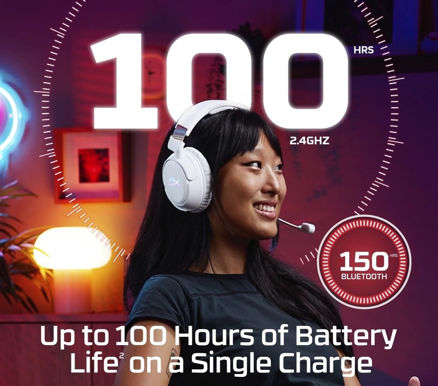Headset HyperX Cloud Flight 2 Wireless bílý Výdrž baterie až 100 nebo 150 hodin na jedno nabití