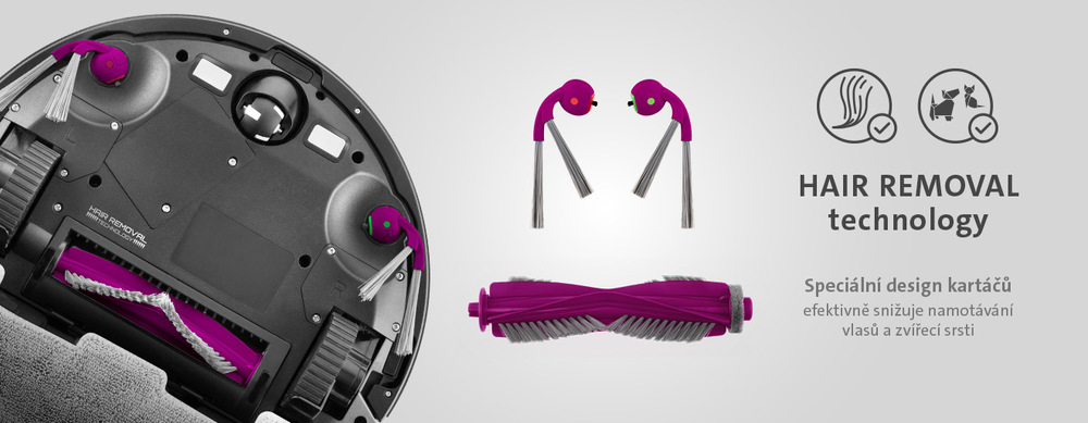 Detail spodní strany robotického vysavače ETA Aron 2 s Hair Removal technologií na banneru s textem „Speciální design kartáčů efektivně snižuje namotávání vlasů a zvířecí srsti“