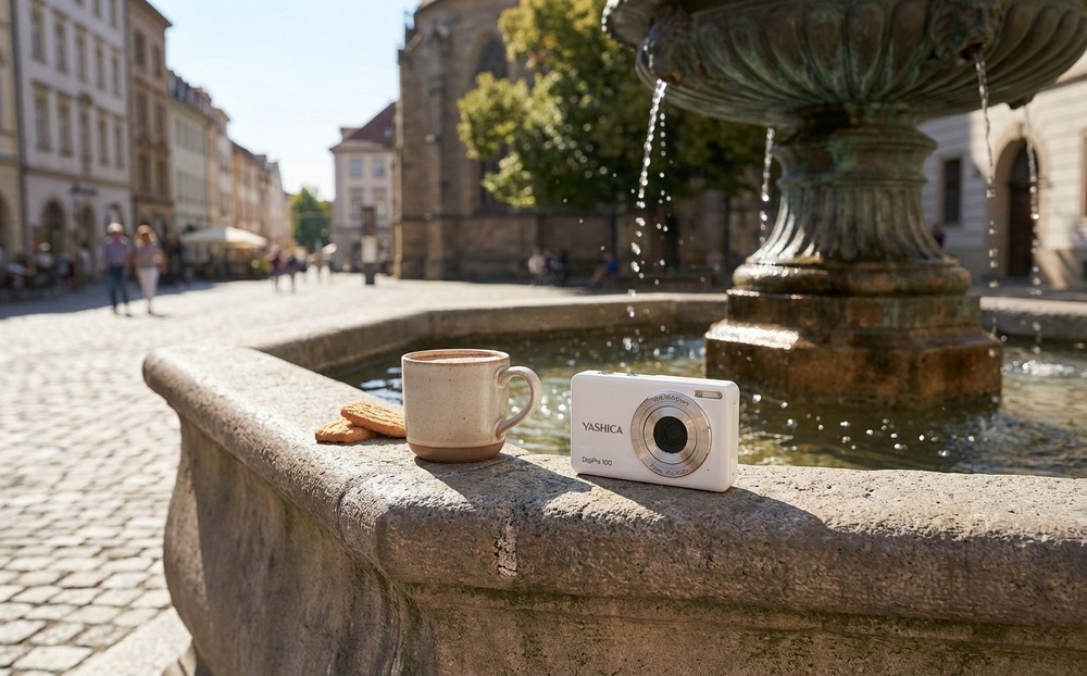 Digitální fotoaparát Yashica DigiPix 100 bílý Kompaktní fotoaparát Yashica DigiPix 100 umístěný na okraji kašny vedle šálku kávy