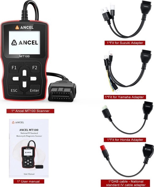 Diagnostika vozu Ancel MT100 černá Diagnostika Ancel MT100 s OBD konektorem, uživatelským manuálem a adaptéry pro motocykly Suzuki, Yamaha a Honda.