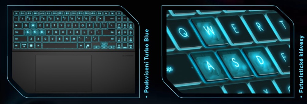 Notebook Asus V16 černý Neonově podsvícené klávesy Turbo Blue notebooku Asus V16