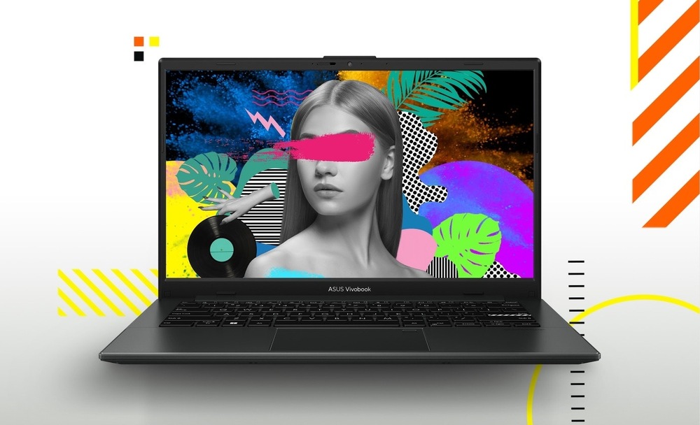 Notebook ASUS Vivobook Go 14 s otevřeným displejem a barevnou grafikou na obrazovce