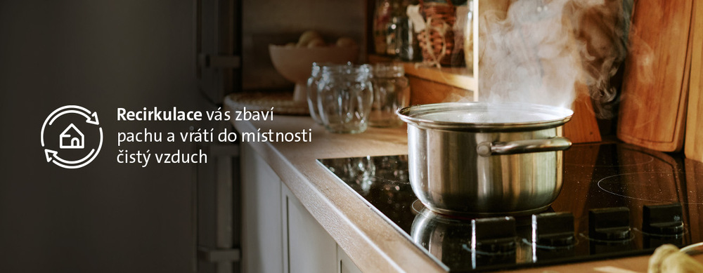 Odsavač par ETA 494990010A nerez Detail nerezového hrnce se stoupající párou na varné desce s ikonou recirkulace vzduchu znázorňující čištění vzduchu a pohlcování pachů v kuchyni