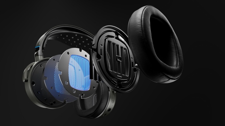 Headset Audeze Maxwell 2 Xbox šedý Detail konstrukce měniče a náušníku ve vrstveném řezu