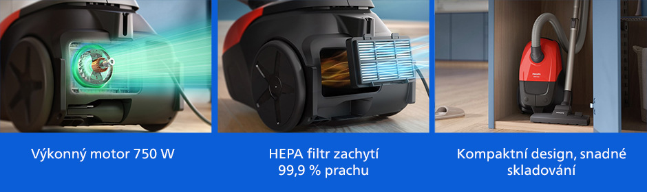 Sáčkový vysavač Philips XD1111/10 1000 Series s výkonným 750W motorem, HEPA filtrem a kompaktním designem.
