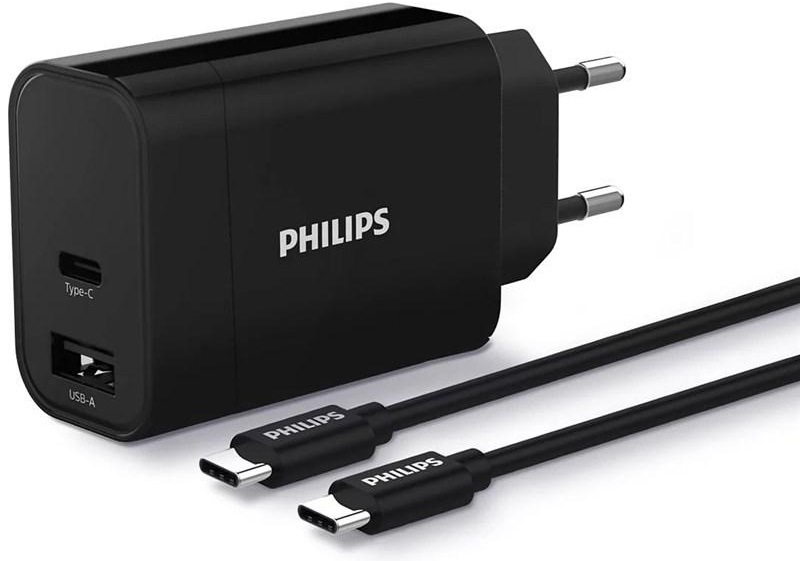 Nabíječka do sítě Philips 1x USB-C, 1x USB A + USB-C kabel 1m černá