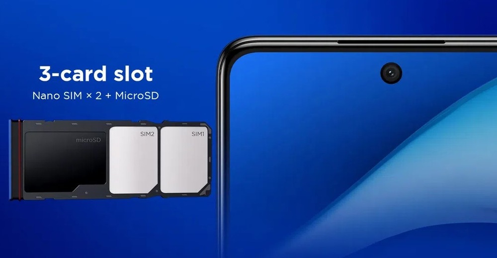 Mobilní telefon TCL 50SE / 128 GB šedý Detailní kousek displeje a dvě sim karty pro rozšíření kapacity úložného prostoru.