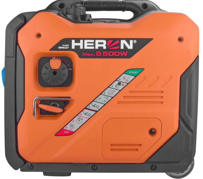 Boční panel elektrocentrály HERON 8896227 s ovládacím přepínačem a startovacími ikonami