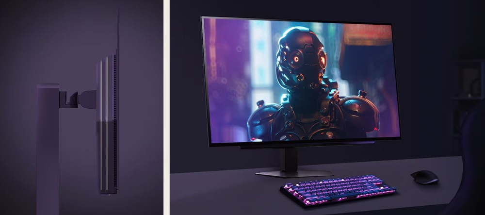 Herní monitor LG UltraGear 27GX704A-B černý Detail z profilu a přímý pohled na monitor LG UltraGear 27GX704A-B