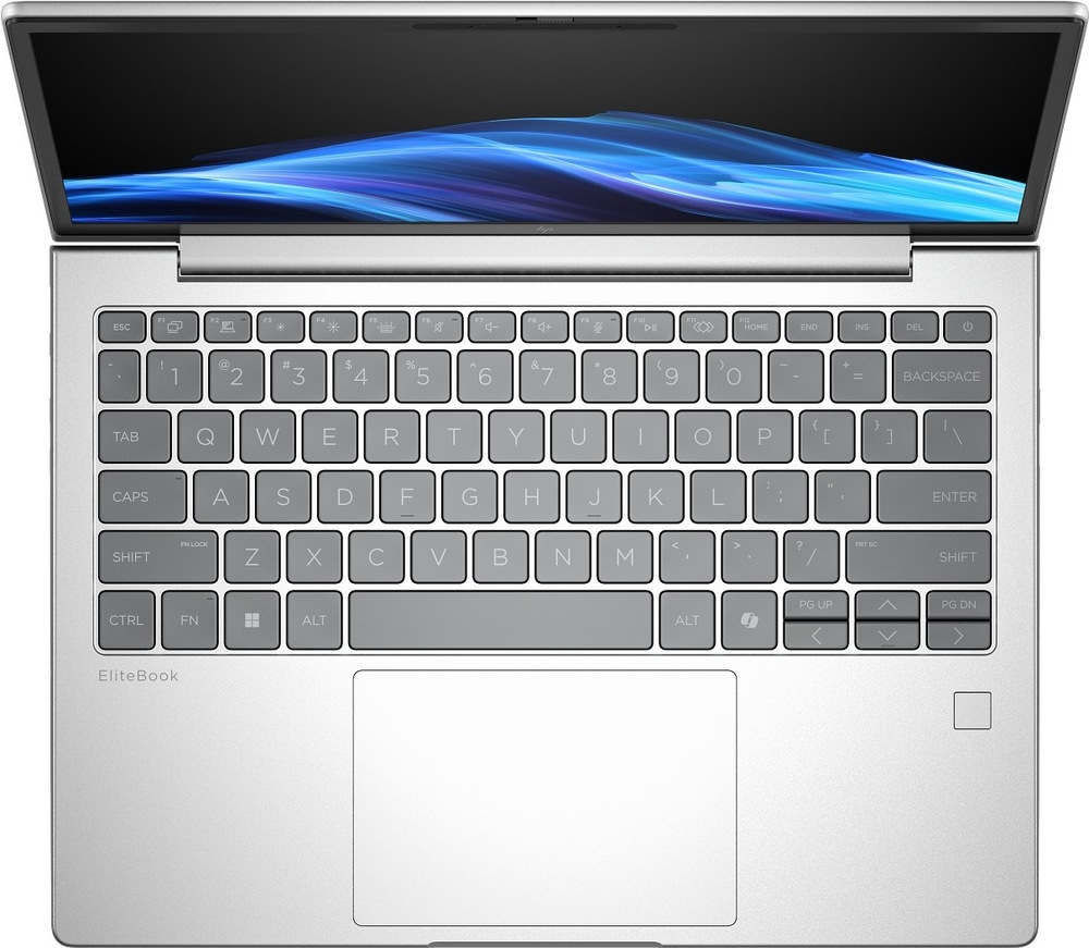 Pohled shora na EliteBook 8 G2i s podsvícenou klávesnicí a 5Mpx webkamerou