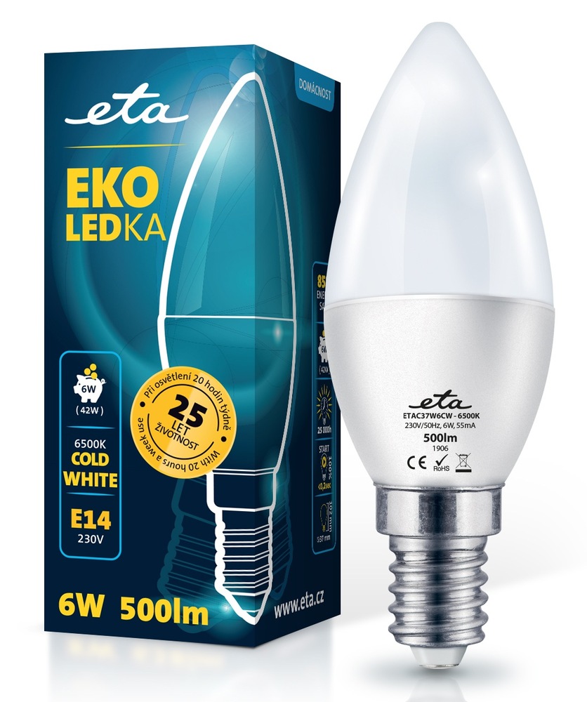 Svíčková LED žárovka ETA EKO LEDka s paticí E14, příkonem 6W a světelným tokem 500 lm v barvě studená bílá (6500K), zobrazená vedle modro-žluté krabičky