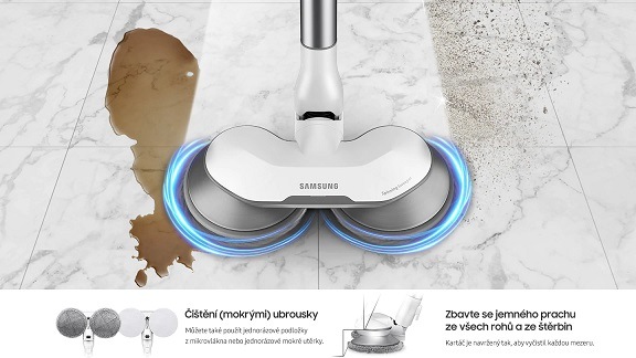 Tyčový vysavač Samsung Jet 70 Easy VS15T7033R4/GE Tyčový vysavač Samsung Jet 70 Easy VS15T7033R4/GE s nástavcem Spinning Sweeper vytírá rozlitou tekutinu
