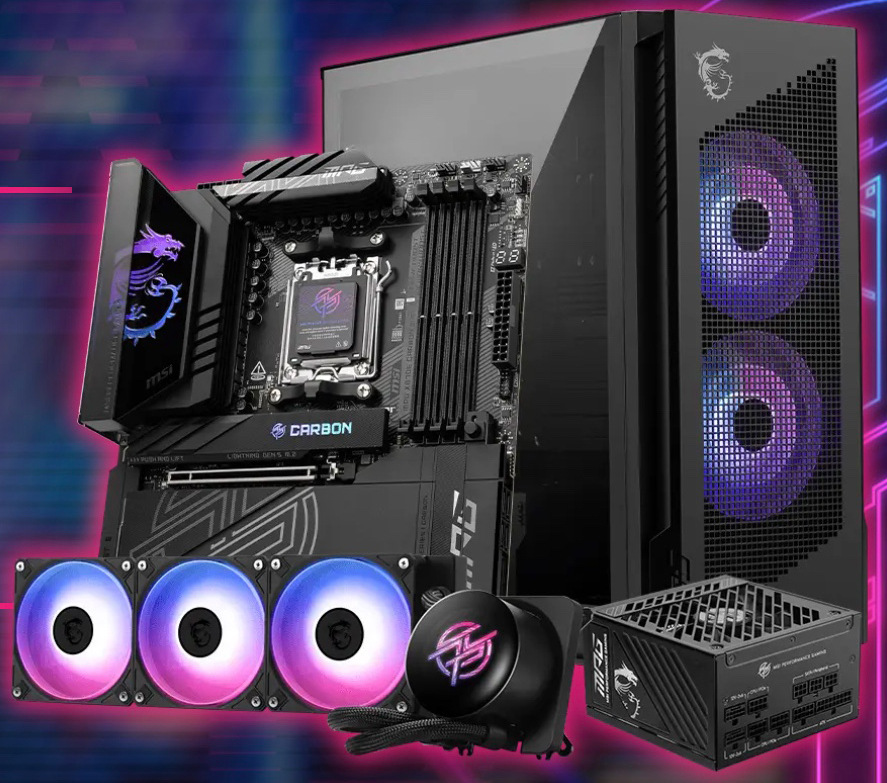 Vodní chladič MSI MPG CoreLiquid P13 360 White bílý Na obrázku je herní sestava MSI složená z několika komponent. Vzadu je černá počítačová skříň s prosklenou bočnicí a dvěma podsvícenými ventilátory vepředu, vedle ní základní deska. Před nimi je trojice RGB ventilátorů s radiátorem vodního chladiče, blok pumpy s podsvíceným logem MSI a také napájecí zdroj. Celá scéna působí výkonně, moderně a herně.