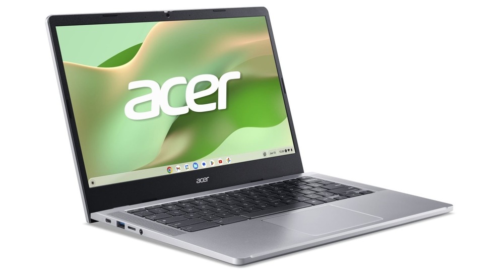 Otevřený a zapnutý notebook Acer Chromebook 314 natočený doprava