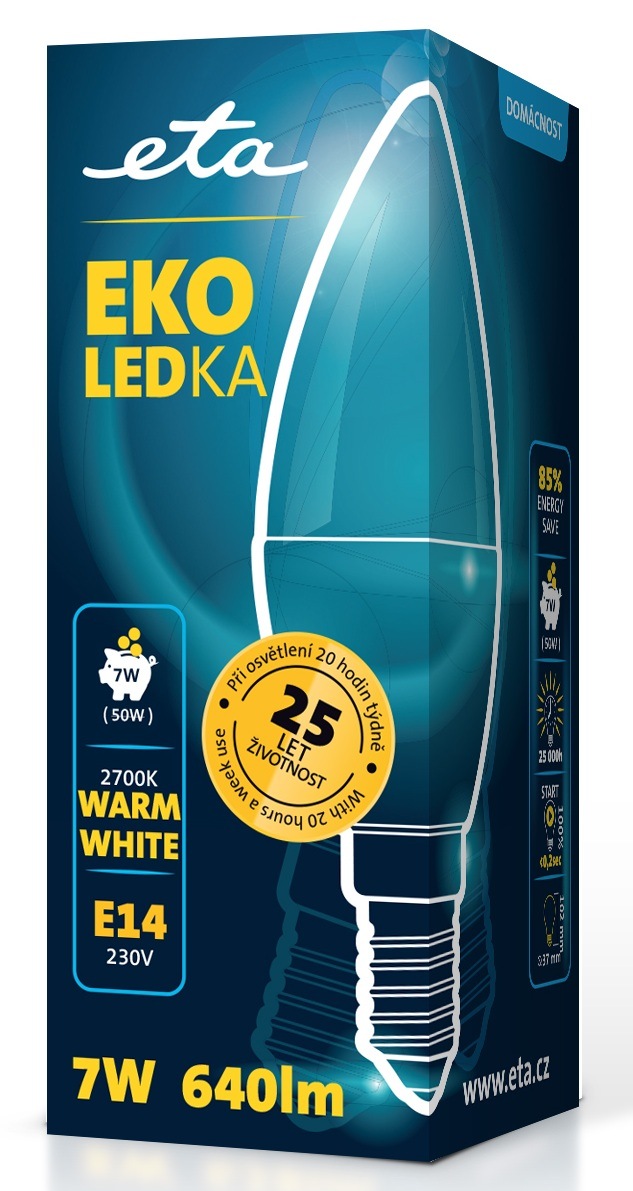 Žárovka LED ETA EKO LEDka svíčka 7W, E14, teplá bílá Balení LED žárovky ETA EKO LEDka zobrazené z boku, zvýrazňující klíčové ikony: 7W, 640 lm, 2700K teplá bílá, patice E14 a informace o úspoře energie a životnosti.